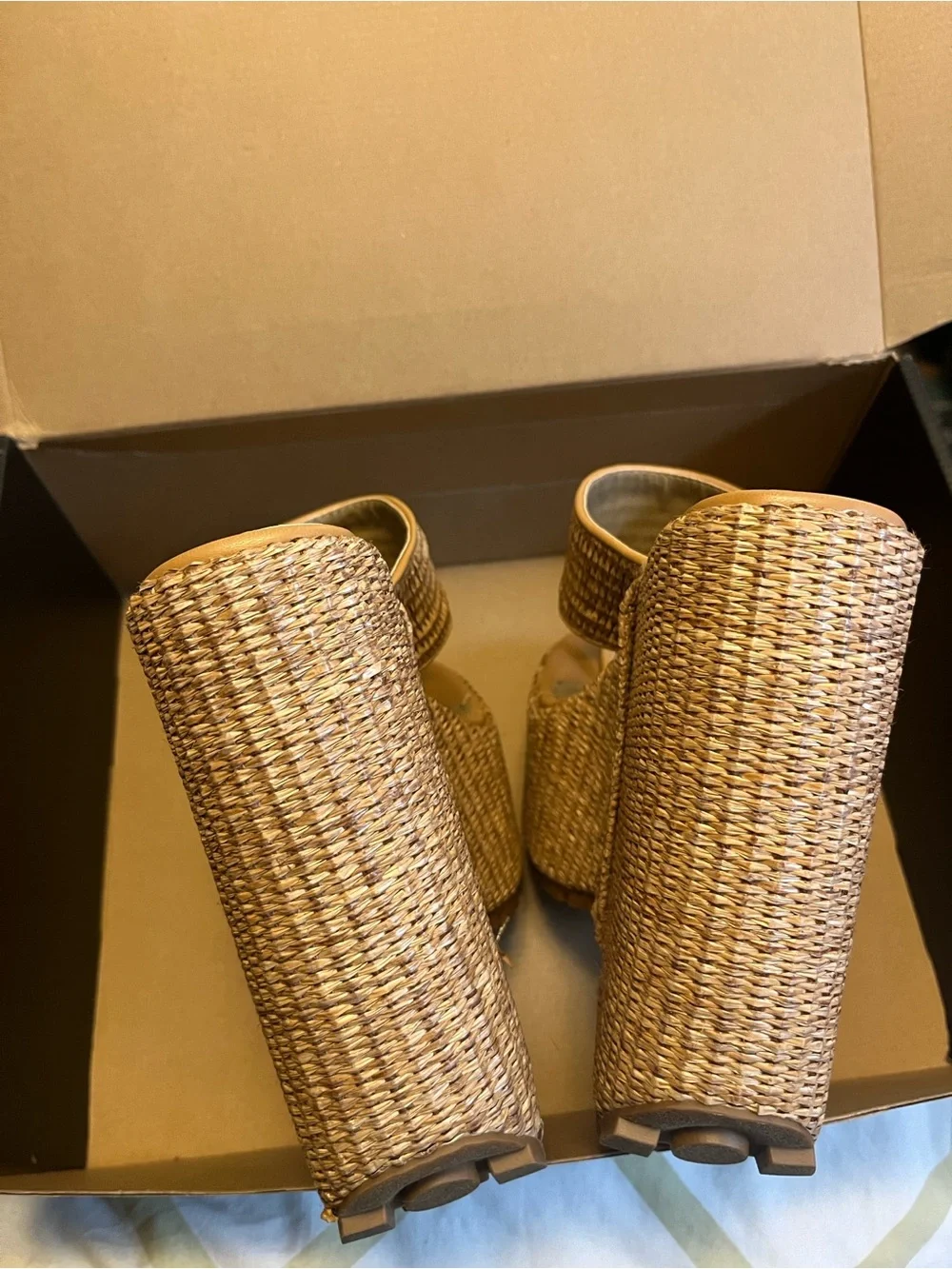 Woven Straw Platform Wedge Sandals - Tan
